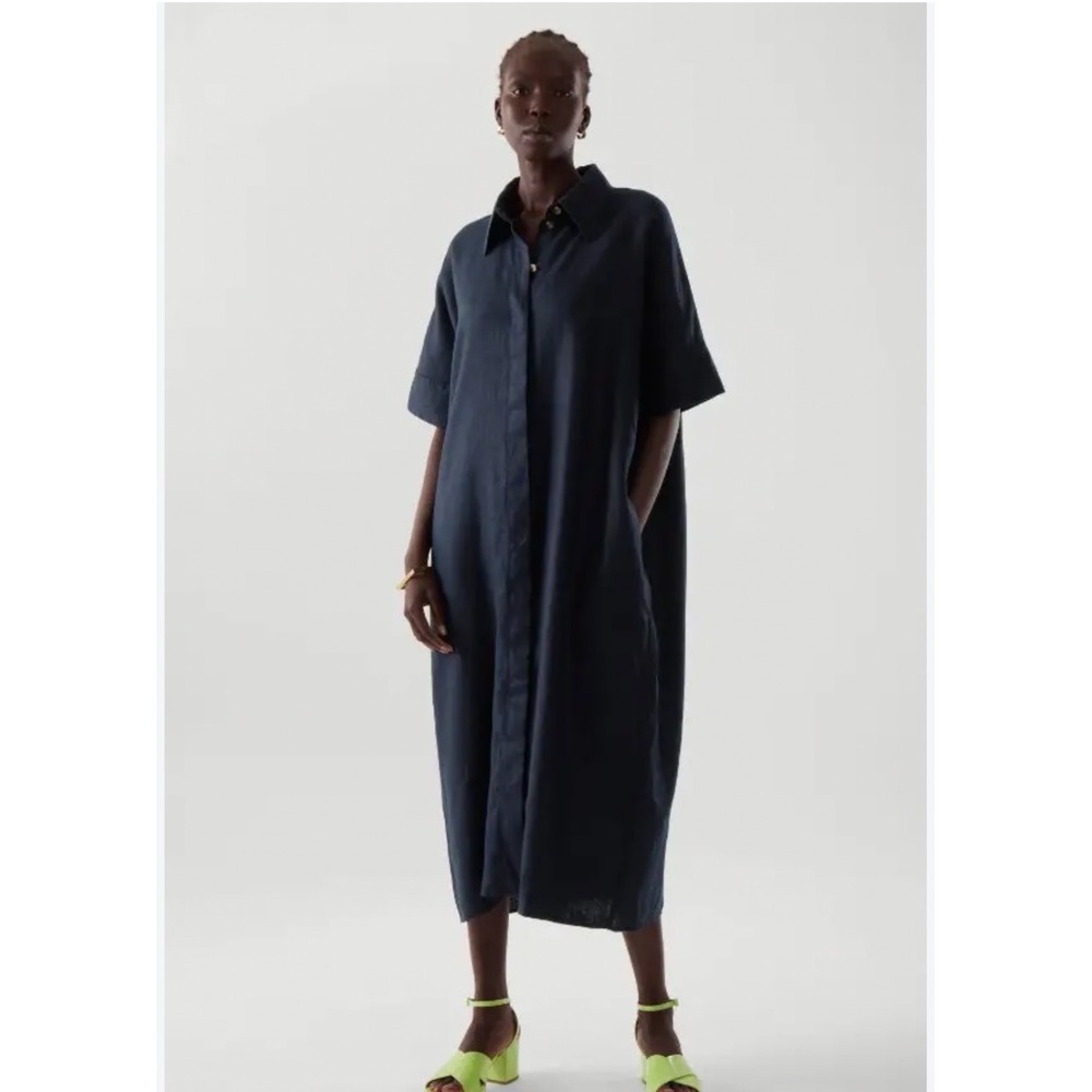 COS Linen Short Sleeve Midi Shirt Dress Navy Blue Oversized Relaxed Large
